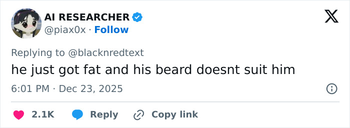 Tweet by AI researcher commenting on a 2000s teen heartthrob&rsquo;s unrecognizable appearance at 48 being heavily criticized.