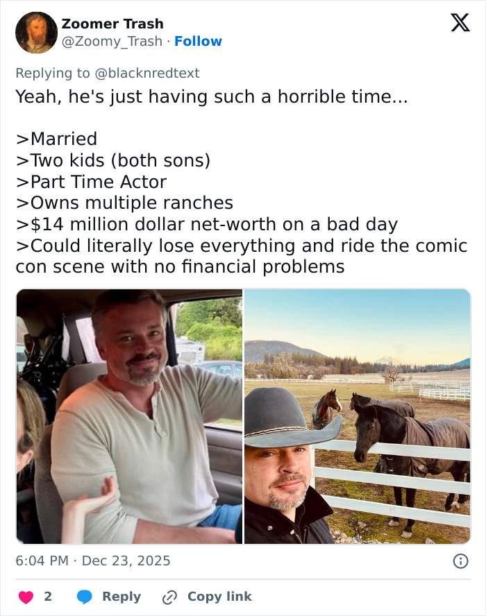 Man with gray beard and mustache shown in two photos, one in a car and the other on a ranch with horses, 2000s teen heartthrob.