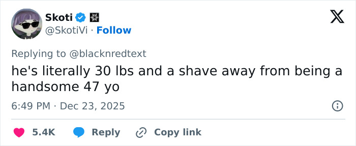 Screenshot of a tweet discussing the 2000s teen heartthrob&rsquo;s weight and appearance at age 47.