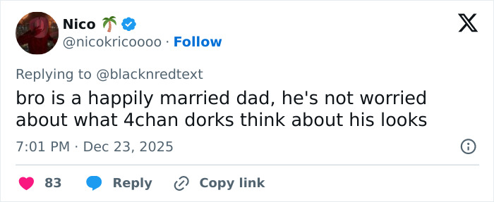 Screenshot of a tweet defending 2000s teen heartthrob&rsquo;s appearance at 48 against online trolling comments.