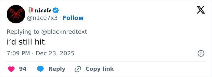 Screenshot of a tweet reply saying &ldquo;i&rsquo;d still hit&rdquo; with 94 likes, related to 2000s teen heartthrob unrecognizable appearance.