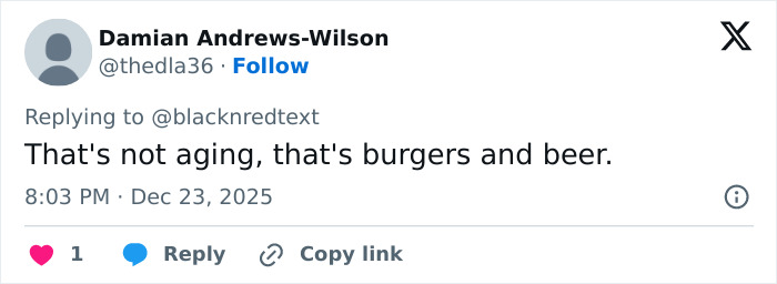 Tweet screenshot showing user Damian Andrews-Wilson replying with a comment about aging and appearance, related to 2000s teen heartthrob.