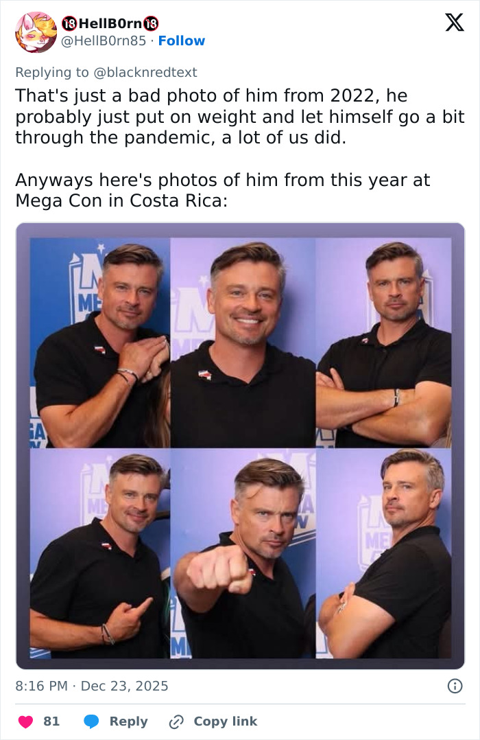 Collage of 2000s teen heartthrob at Mega Con in Costa Rica, posing in six photos with varying expressions and gestures.