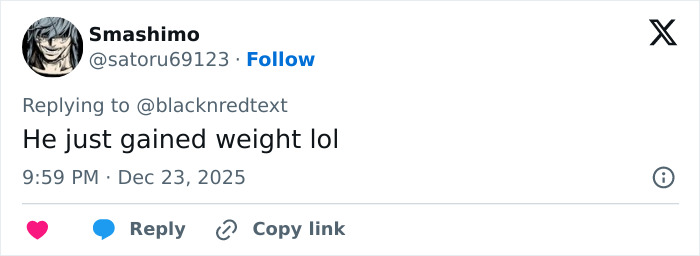 Comment on social media post mentioning a 2000s teen heartthrob's unrecognizable appearance and weight gain at age 48.