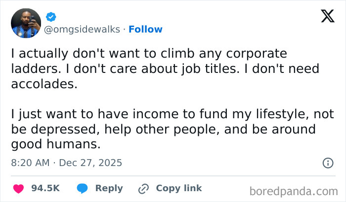 Screenshot of a tweet expressing personal views on work-life balance and lifestyle from funny screenshots collection.