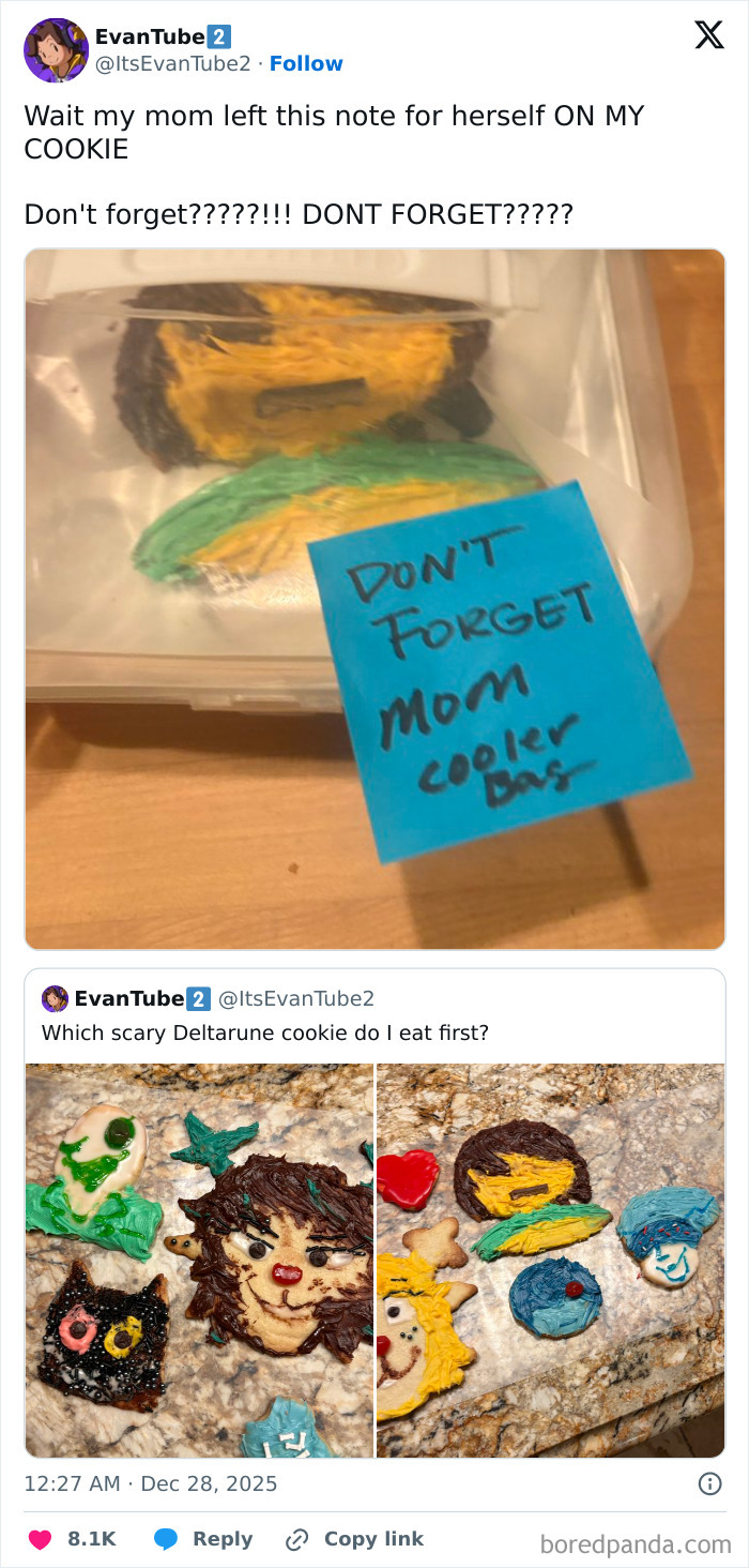 Colorful homemade cookies with a creative and amusing note left by a parent on a blue sticky note.