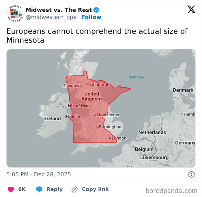 Map meme comparing the actual size of Minnesota to the United Kingdom, highlighting Midwest life humor with corn cravings.