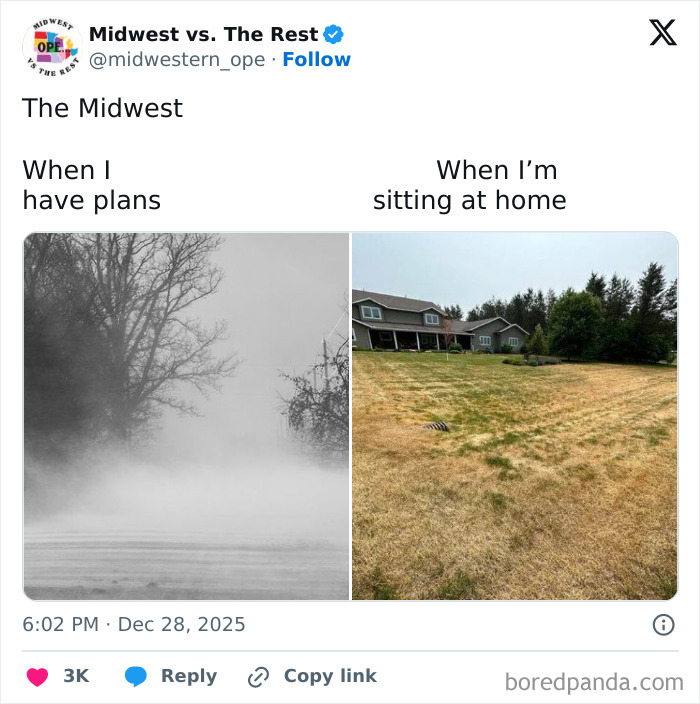 Side-by-side images showing midwest life contrast with foggy outdoors and dry grass lawn near houses.