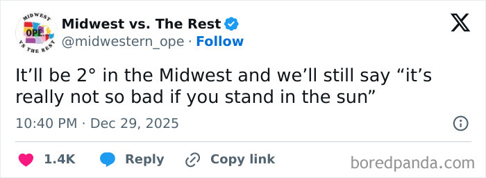Tweet from Midwest vs. The Rest humorously describing cold Midwest weather, reflecting spot-on memes about Midwest life.