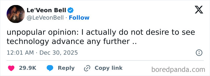 Tweet about not wanting technology to advance further, shown with futuristic robots, a funny screenshot for distraction.