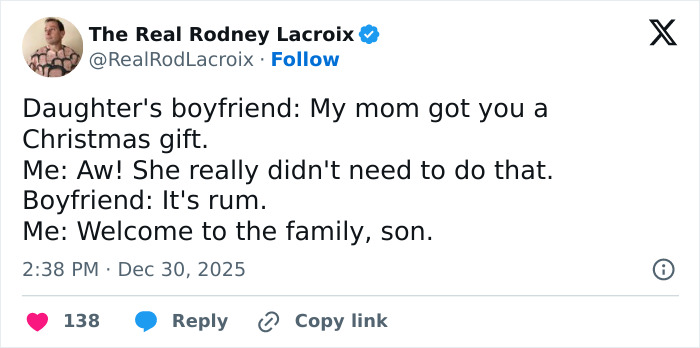 Screenshot of a humorous social media post relatable to dads and husbands about family and holiday gifts.