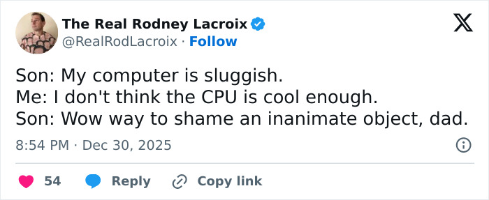 Screenshot of a humorous tweet about dads and husbands with a relatable tech complaint between father and son.