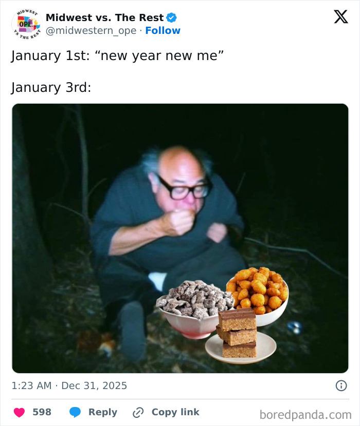 Man crouching in dark woods eating snacks including corn puffs and cereal, illustrating Midwest life memes and craving corn humor.