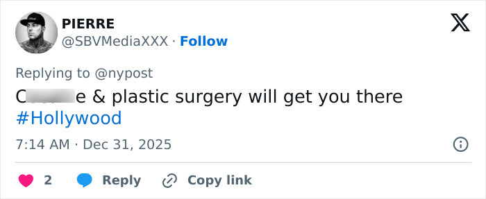 Tweet from user Pierre commenting on plastic surgery and mentioning Hollywood, posted on December 31, 2025.