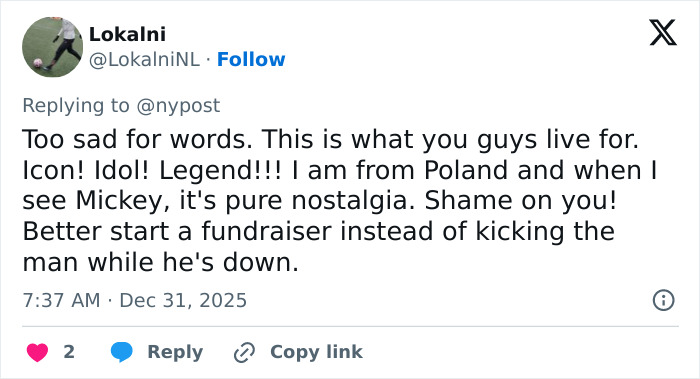 Tweet expressing sadness over Mickey Rourke facing eviction from LA home with unpaid rent controversy.