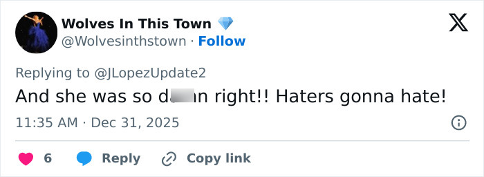 Tweet reply praising Jennifer Lopez's confident response to critics telling her to dress her age, posted in 2025.