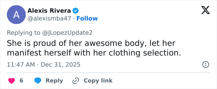 Tweet showing Alexis Rivera supporting Jennifer Lopez's clothing choices amid age-related comments, trending viral response online.