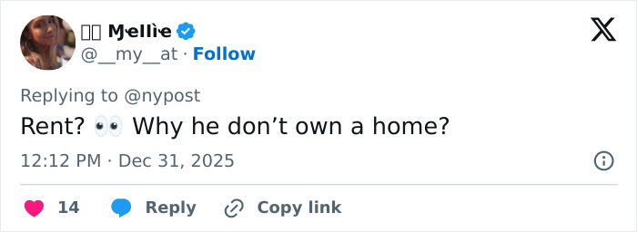 User tweet questioning Mickey Rourke's home ownership amid LA eviction over unpaid rent.