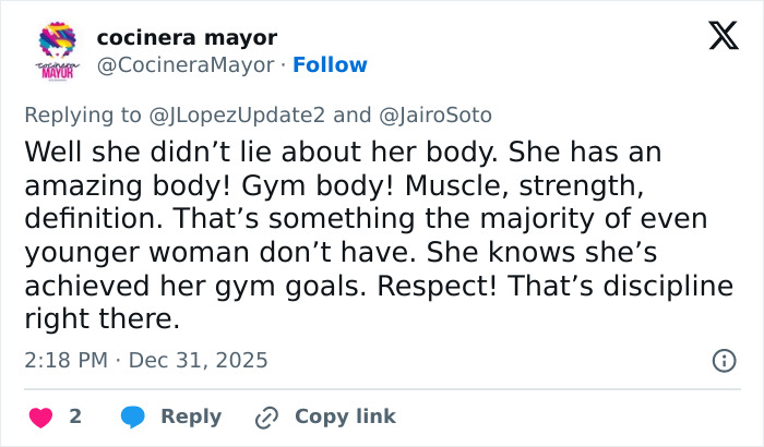 Tweet praising Jennifer Lopez for her amazing gym body, muscle, strength, and discipline in response to age-related comments.