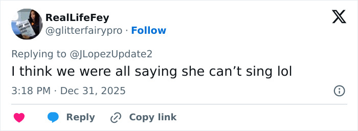 Tweet replying to Jennifer Lopez update, discussing her viral response to critics about dressing her age, displayed on a social media interface.