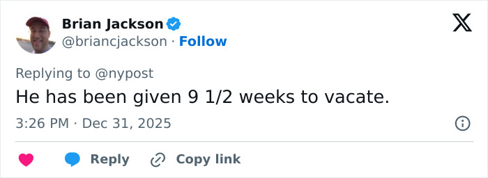 Tweet from Brian Jackson stating Mickey Rourke has 9 1/2 weeks to vacate LA home over unpaid rent.