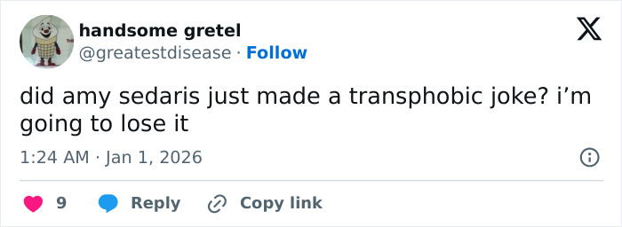 Tweet from user handsome gretel questioning if Amy Sedaris made a transphobic joke during CNN New Year's Eve broadcast.