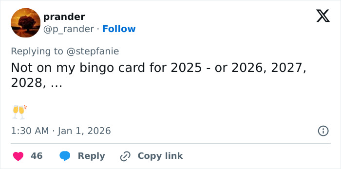 Screenshot of a tweet replying about unexpected events in 2025 and beyond, linked to Amy Sedaris transphobic jab controversy.