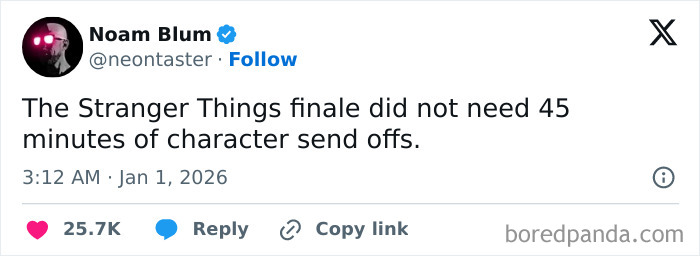 Tweet criticizing the Stranger Things finale for its long character send-offs, reflecting fan reactions to the show's ending.