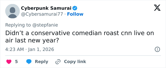 Tweet by Cyberpunk Samurai questioning a conservative comedian's roast of CNN during New Year's Eve broadcast referencing Amy Sedaris transphobic jab.