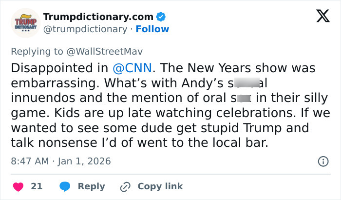 Screenshot of a tweet criticizing CNN&rsquo;s New Year&rsquo;s Eve broadcast for offensive content and mentioning Amy Sedaris transphobic jab.
