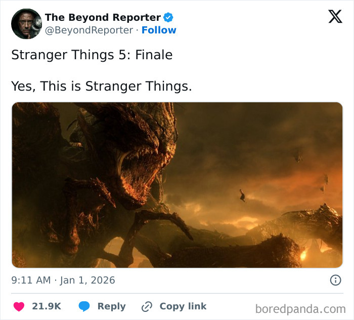 Stranger Things finale scene showing a monstrous creature in a dark, fiery, and ominous setting with flying figures nearby.