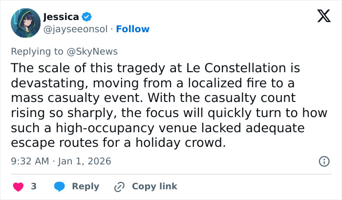 Tweet by Jessica discussing the devastating ski resort explosion and high casualty count at Le Constellation on New Year's.