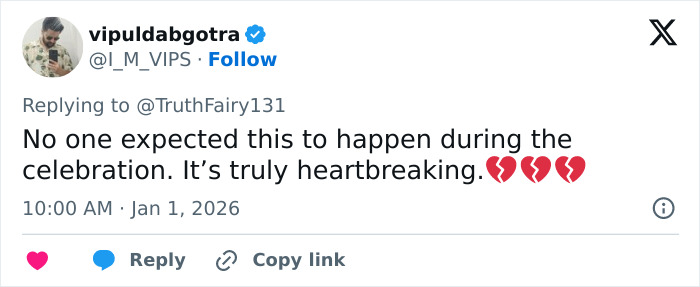 Tweet showing a user expressing heartbreak over the ski resort explosion that took dozens of lives on New Year's celebration.