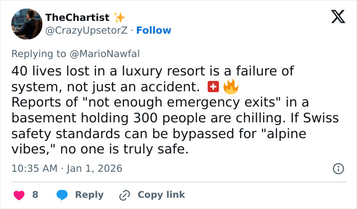 Tweet discussing ski resort explosion tragedy, highlighting lack of emergency exits and safety failures causing dozens of lives lost.
