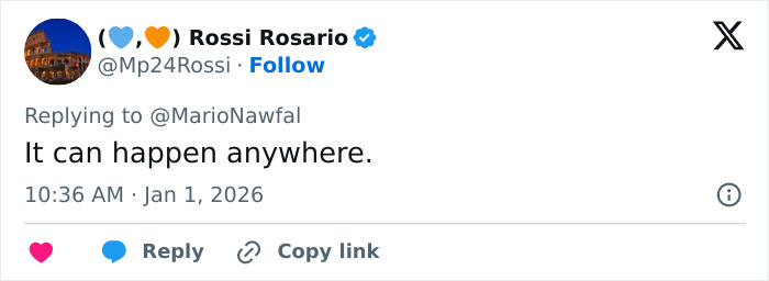 Tweet from user Rossi Rosario posted on Jan 1, 2026, commenting on the ski resort explosion survivors revealing the cause.