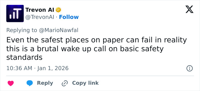 Tweet from user Trevon AI warning about basic safety standards after ski resort explosion survivors reveal cause of deadly incident.