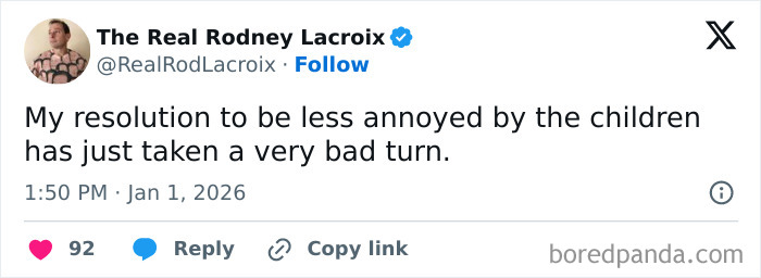 Tweet from The Real Rodney Lacroix about dad humor, expressing a resolution related to children, relatable for dads and husbands.