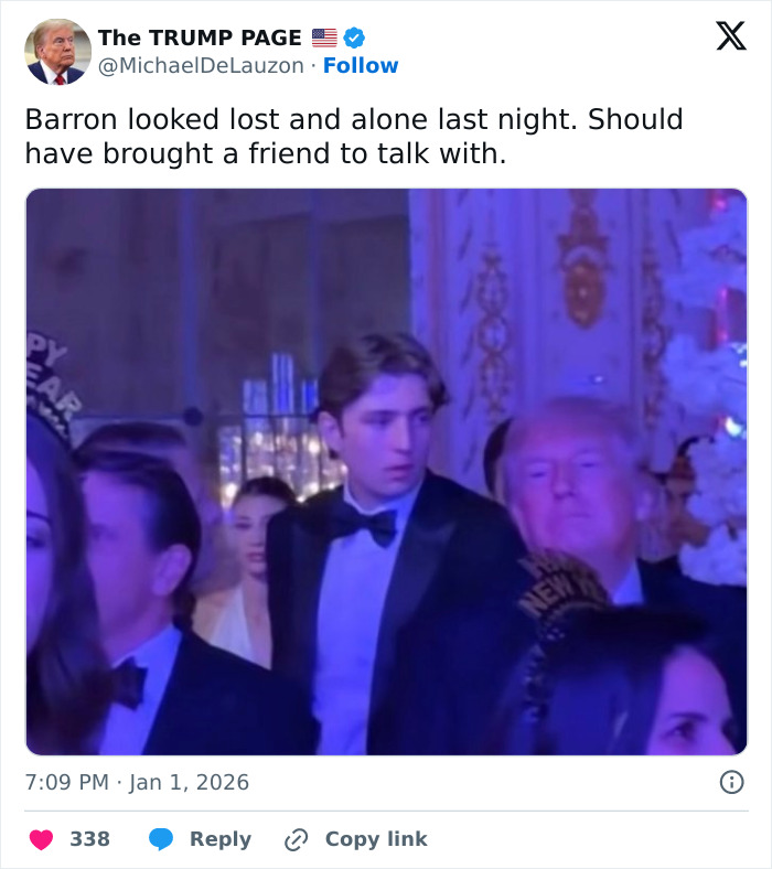 Barron Trump at Mar-a-Lago event looking lost, amid reports of Melania Trump enforcing Mar-a-Lago rules strictly.