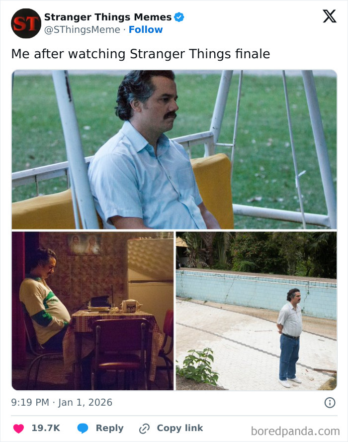 Three scenes showing a man looking contemplative and lonely, representing fan reactions to the Stranger Things ending.
