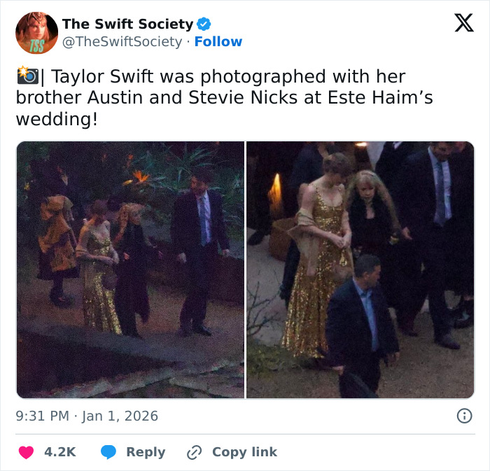 Taylor Swift wearing a gold dress at a friend's wedding, surrounded by guests and security, captured in candid photos.