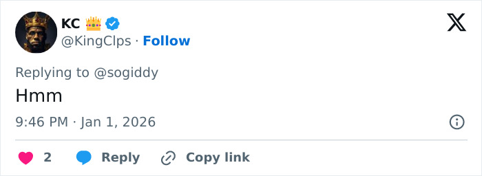 Tweet from verified user KC replying with hmm, showing profile photo of a man wearing a crown emoji and dark clothing. Tweet from verified user KC replying with hmm, showing profile photo of a man wearing a crown emoji and dark clothing.