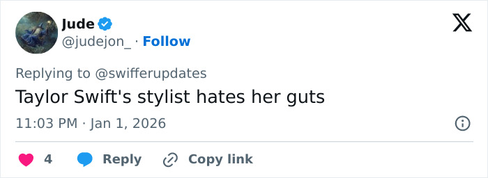 Screenshot of a tweet criticizing Taylor Swift&rsquo;s look at a friend&rsquo;s wedding, sparking fan scrutiny about upstaging the bride.