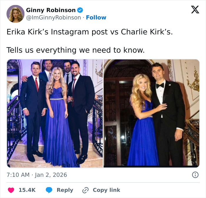 Screenshot of a social media post featuring Erika Kirk in a blue dress with men in suits, related to wild Erika Kirk memes.
