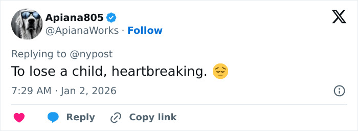 Tweet expressing heartbreak over the loss of a child, related to Tommy Lee Jones' daughter Victoria found in hotel.