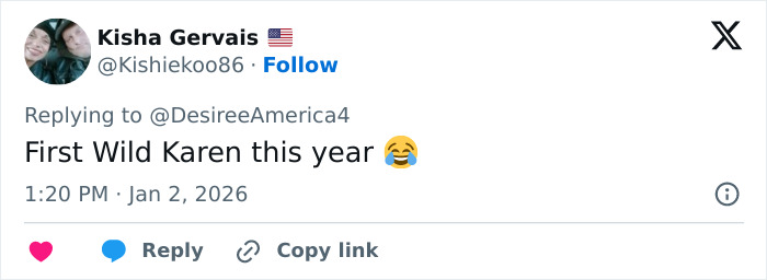 Tweet from user Kisha Gervais reacting to viral Red Rock Canyon incident involving Karen blocking tourist&rsquo;s shot.