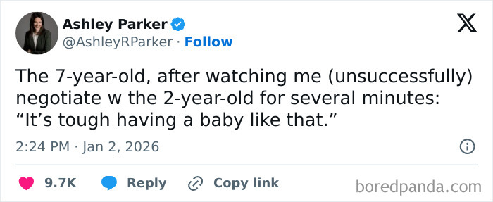 Tweet showing unintentionally comedic moments of parenting with a 7-year-old commenting on negotiating with a 2-year-old toddler.