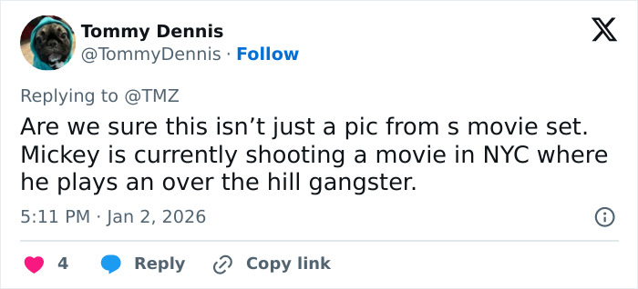 Tweet from user Tommy Dennis questioning if unrecognizable Mickey Rourke faces eviction over unpaid rent in LA home.