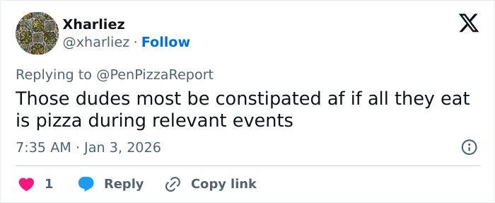 Twitter user commenting on Pentagon pizza consumption spike during Venezuela attack referencing bizarre theory online.