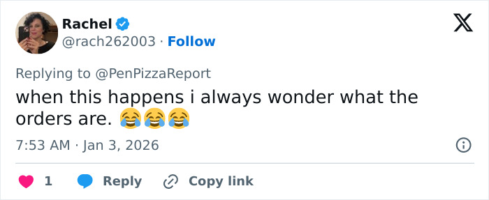 Screenshot of a Twitter reply joking about the Pentagon pizza spike during the Venezuela attack, referencing bizarre theory.