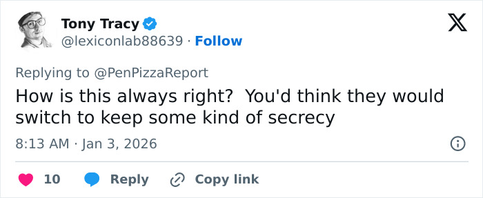 Screenshot of a social media post discussing the Pentagon pizza spike theory during the Venezuela attack event.